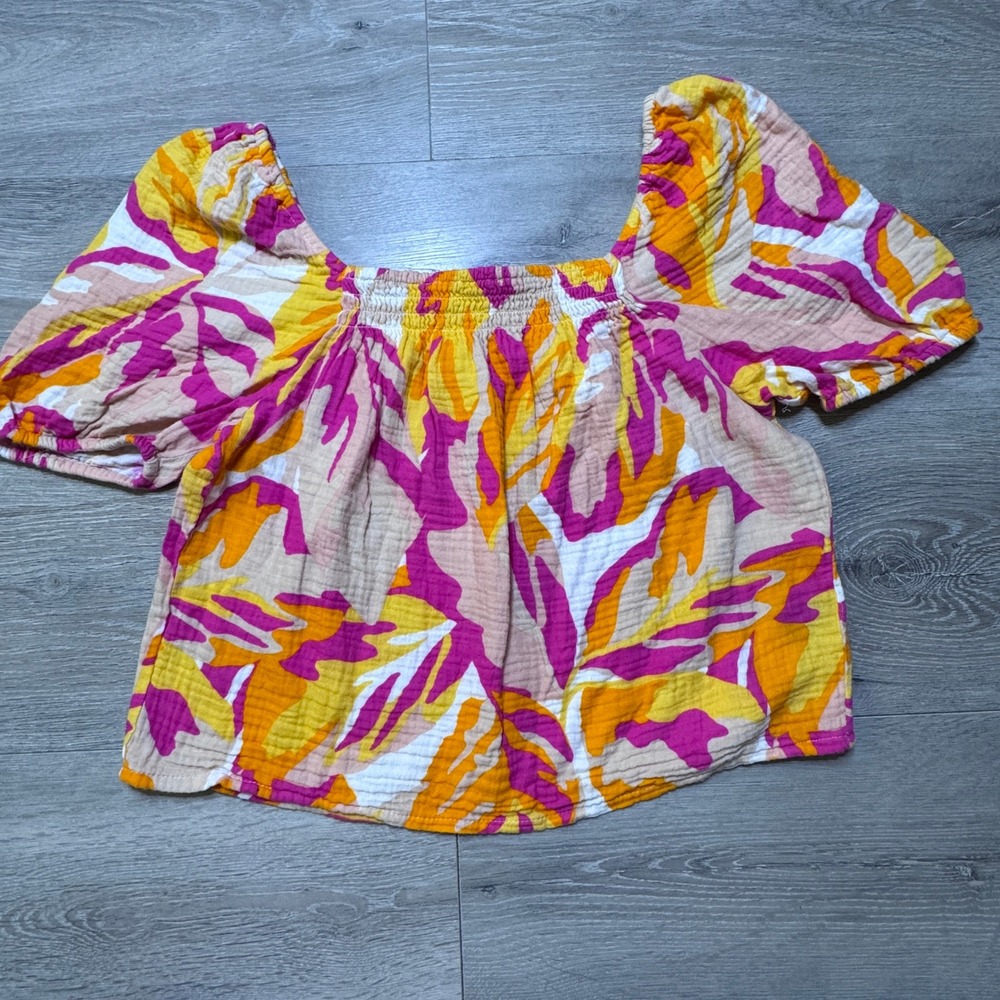 Sanctuary Womens Pink Orange Cotton Gauze Puff Sleeve Smocked Top Size XSmall XS